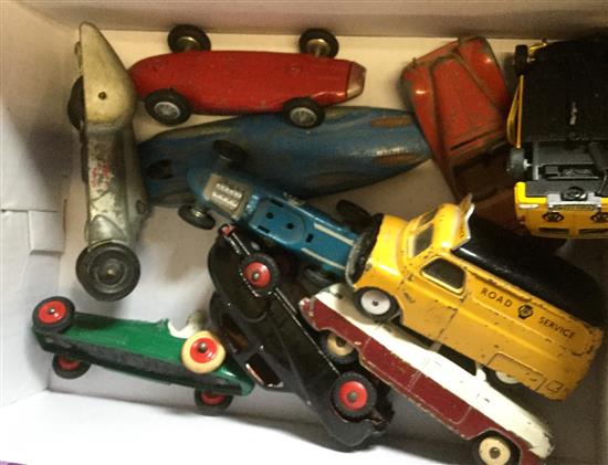 10 various Corgi and Dinky toy cars, including bluebird, cooper bristol, AA Van etc